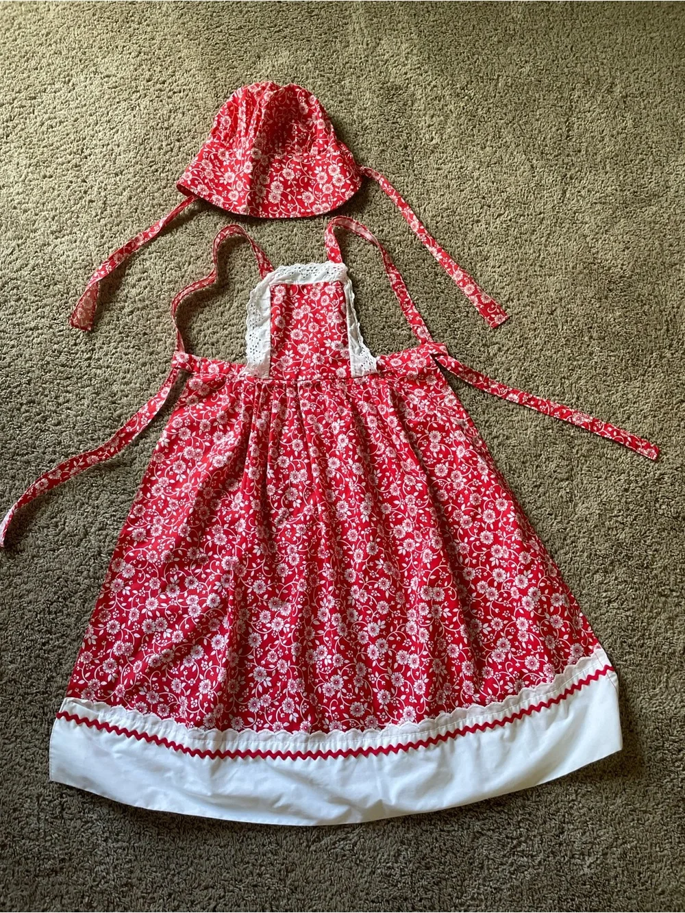 Vtg 70's Prairie Pinafore Apron Dress Bonnet Set Cottagecore Youth or Adult XS